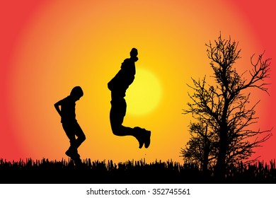 Vector silhouette of a family in the countryside at sunset.