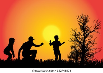 Vector silhouette of a family in the countryside at sunset.