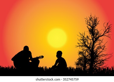 Vector silhouette of a family in the countryside at sunset.