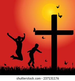Vector silhouette family at the cross at sunset.