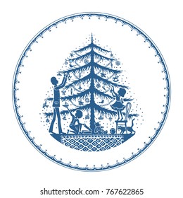 Vector silhouette of family decorating Christmas tree isolated on white background. Illustration of family and christmas tree in round frame. Family Christmas Evening Scene. Christmas and New Year.
