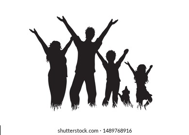 Vector silhouette of family with dog on white background. Symbol of mother, father, child,husband, wife,daughter,animal, pet,happy.