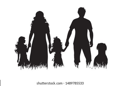 Vector silhouette of family with dog on white background. Symbol of mother, father, child,husband, wife,daughter,animal, pet.