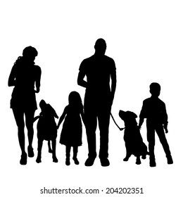 Vector silhouette of a family with a dog on a white background.