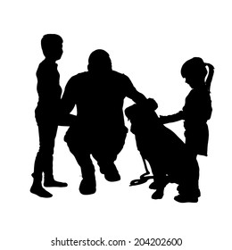 Vector silhouette of a family with a dog on a white background.