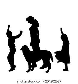 Vector silhouette of a family with a dog on a white background.