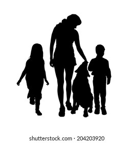 Vector silhouette of a family with a dog on a white background.