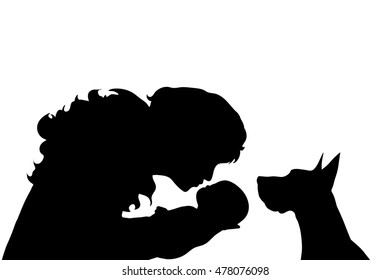 Vector silhouette of family with dog on white background.