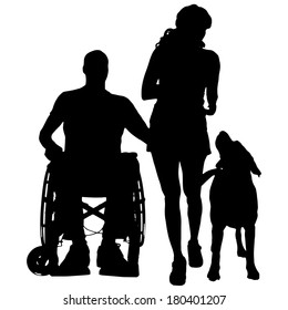 Vector silhouette of a family with a dog for a walk.