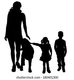 Vector silhouette of a family with a dog for a walk.
