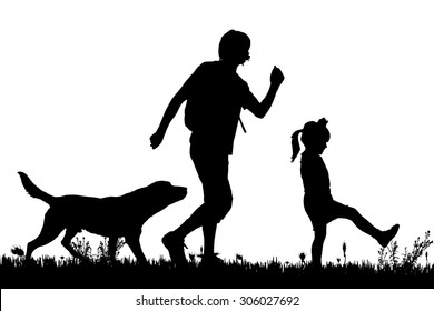 Vector silhouette of the family with dog for a walk.