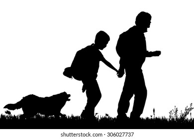 Vector silhouette of the family with dog for a walk.
