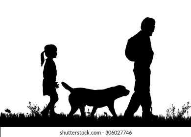 Vector silhouette of the family with dog for a walk.