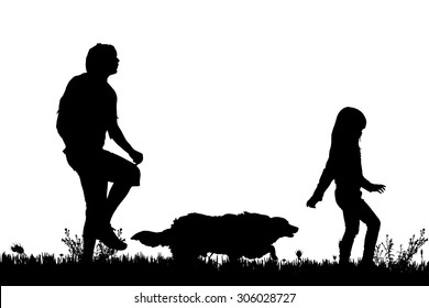 Vector silhouette of the family with dog for a walk.