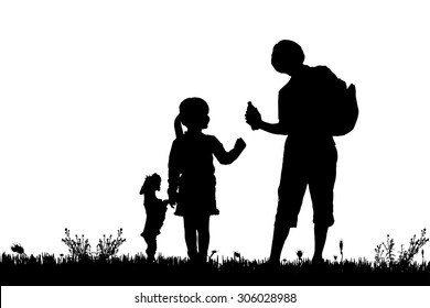 Vector silhouette of the family with dog for a walk.