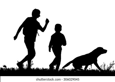 Vector silhouette of the family with dog for a walk.
