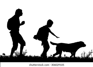 Vector silhouette of the family with dog for a walk.