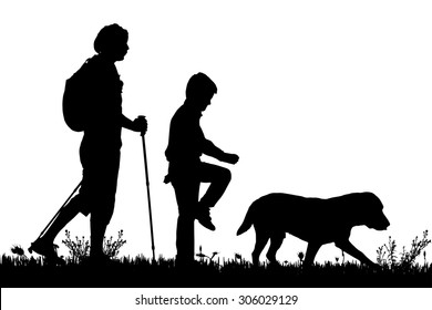 Vector silhouette of the family with dog for a walk.