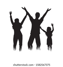 Vector silhouette of family in the grass on white background. Symbol of girl, boy, mother, father, daughter, people, nature, park, garden.