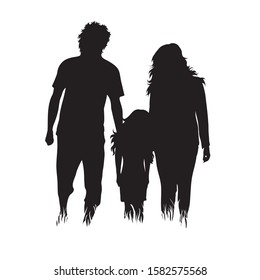 Vector silhouette of family in the grass on white background. Symbol of girl, boy, mother, father, daughter, people, nature, park, garden.