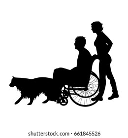 Vector silhouette of family with man on wheelchair on white background.