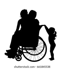Vector silhouette of family with man on wheelchair on white background.