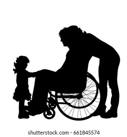 Vector silhouette of family with man on wheelchair on white background.