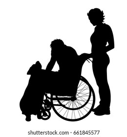 Vector silhouette of family with man on wheelchair on white background.