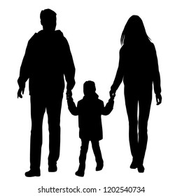 Vector silhouette of a family, man, woman and child, walking, group people, black color, isolated on white background