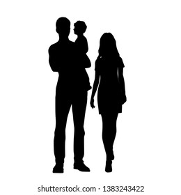 Vector silhouette of a family, man, woman and child, black color, isolated on white background