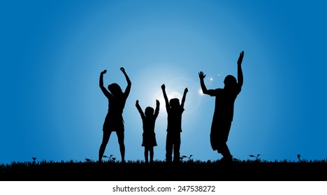 Vector silhouette of a family in a meadow.