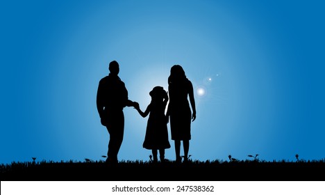 Vector silhouette of a family in a meadow.