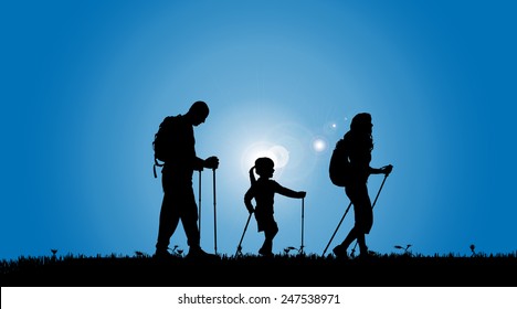 Vector silhouette of a family in a meadow.
