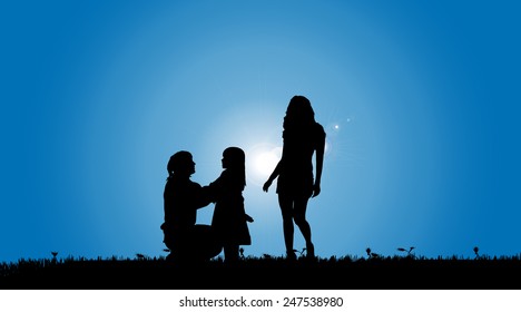 Vector silhouette of a family in a meadow.