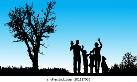 Vector silhouette of family in nature along the beautiful days.