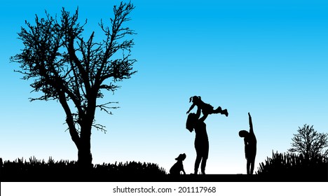 Vector silhouette of family in nature along the beautiful days.