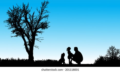 Vector silhouette of family in nature along the beautiful days.