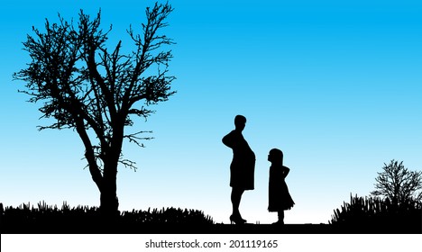 Vector silhouette of family in nature along the beautiful days.