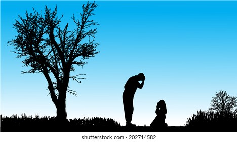 Vector silhouette of family in nature along the beautiful days.