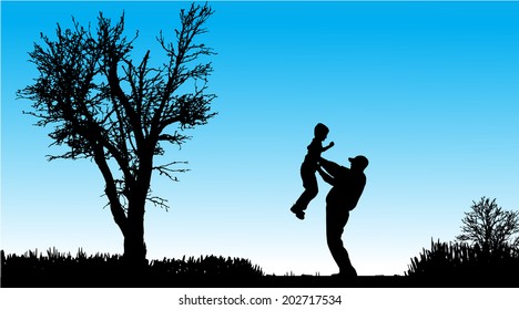 Vector silhouette of family in nature along the beautiful days.