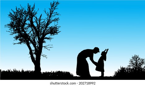 Vector silhouette of family in nature along the beautiful days.