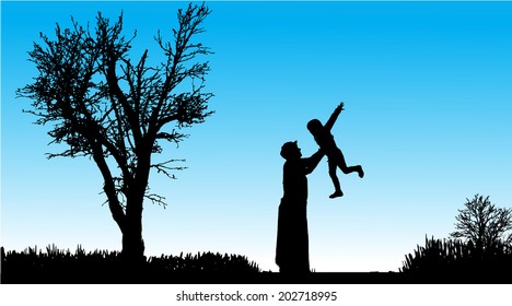 Vector silhouette of family in nature along the beautiful days.