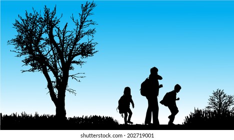 Vector silhouette of family in nature along the beautiful days.