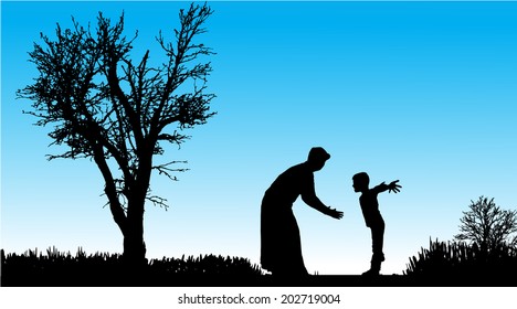 Vector silhouette of family in nature along the beautiful days.