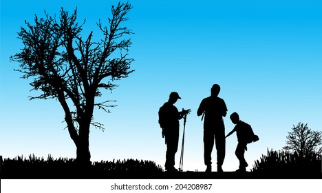 Vector silhouette of family in nature along the beautiful days.