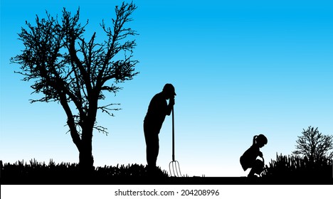 Vector silhouette of family in nature along the beautiful days.