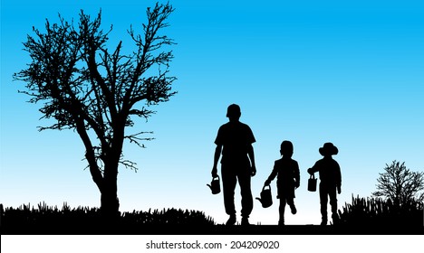 Vector silhouette of family in nature along the beautiful days.