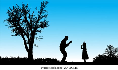 Vector silhouette of family in nature along the beautiful days.