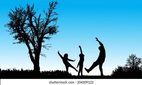 Vector silhouette of family in nature along the beautiful days.