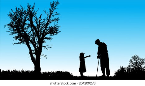Vector silhouette of family in nature along the beautiful days.